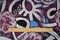 Purple-Blue-Multi Abstract Bird Fruit Pattern Printed Linen Woven Fabric By the Yard